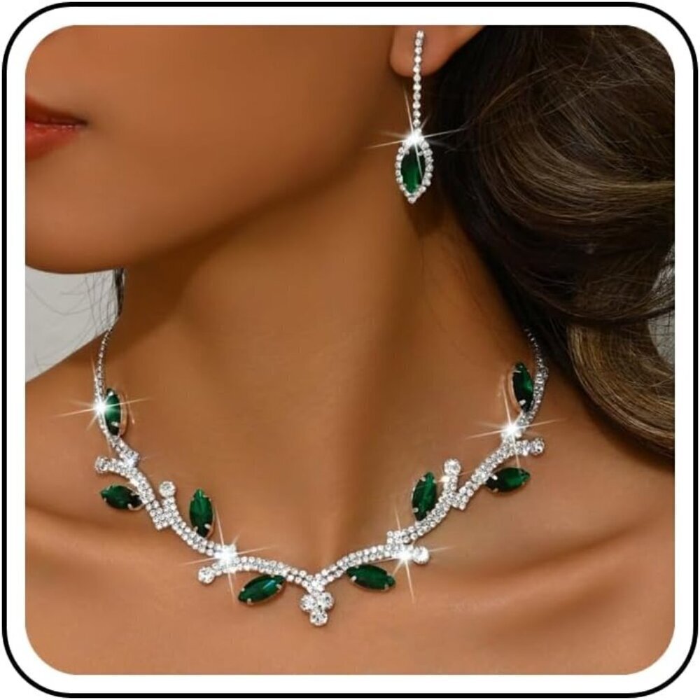 Crystal Jewelry Set Leaf Vine Necklace Drop Earrings Wedding Bridal Accessory